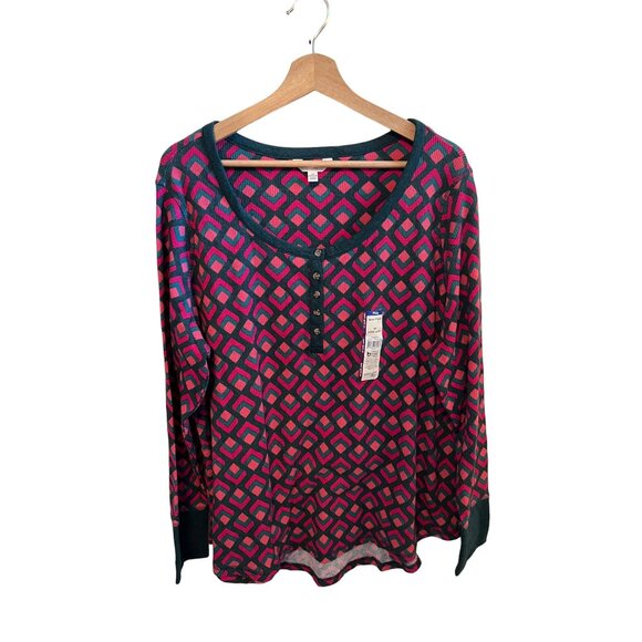 Terra & Sky Women's Size 2X Long Sleeve Geometric Print Henley Top Pink & Teal - Picture 1 of 5
